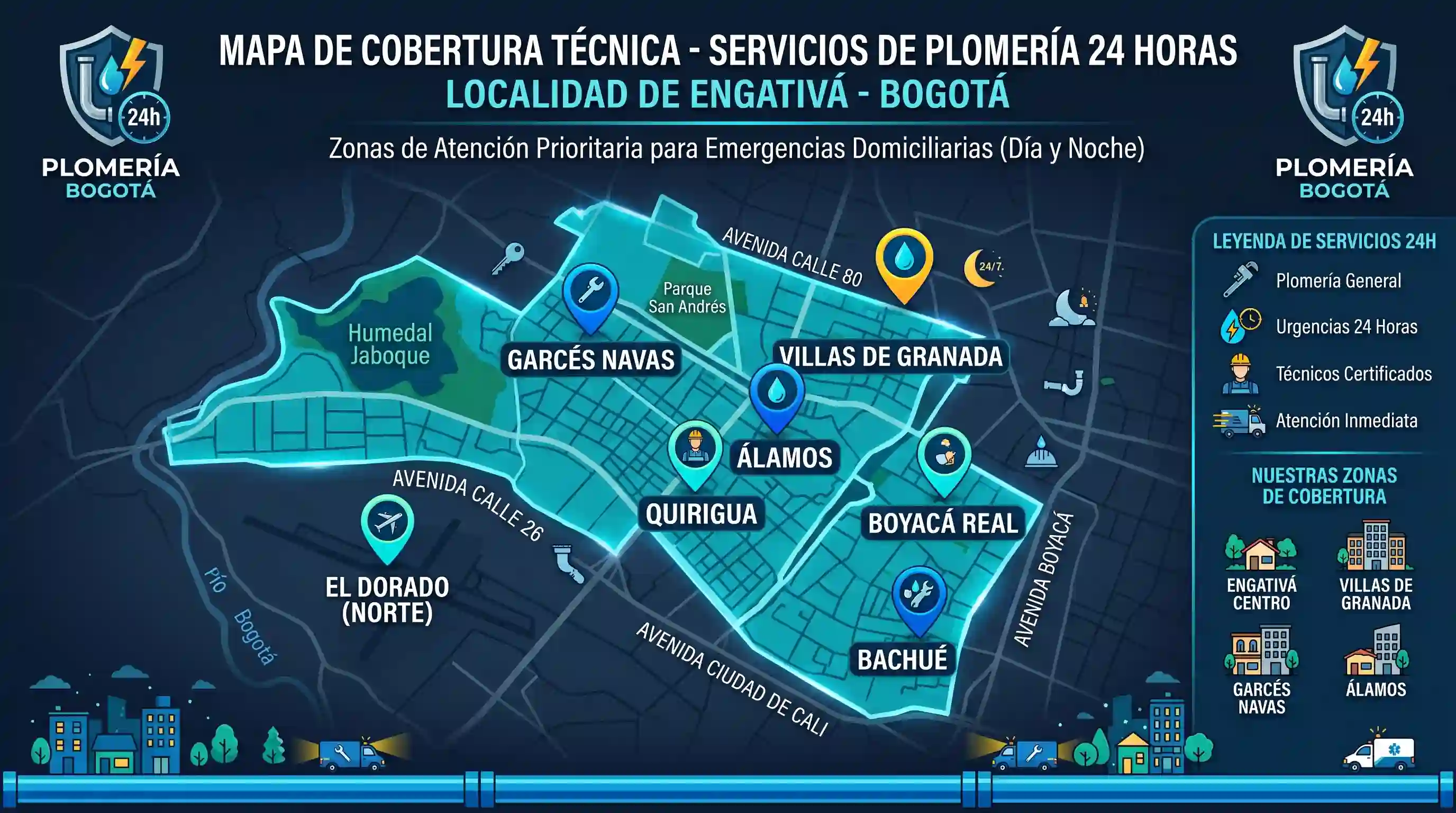 Red de atención prioritaria para servicios hidrosanitarios en todas las UPZ de Engativá Mapa de cobertura técnica para servicios de plomería 24 horas en Engativá Bogotá