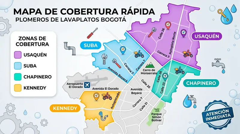 Cobertura por zonas para reparación de lavaplatos en Bogotá Mapa de cobertura rápida para plomeros de lavaplatos en Usaquén, Suba, Chapinero y Kennedy Bogotá