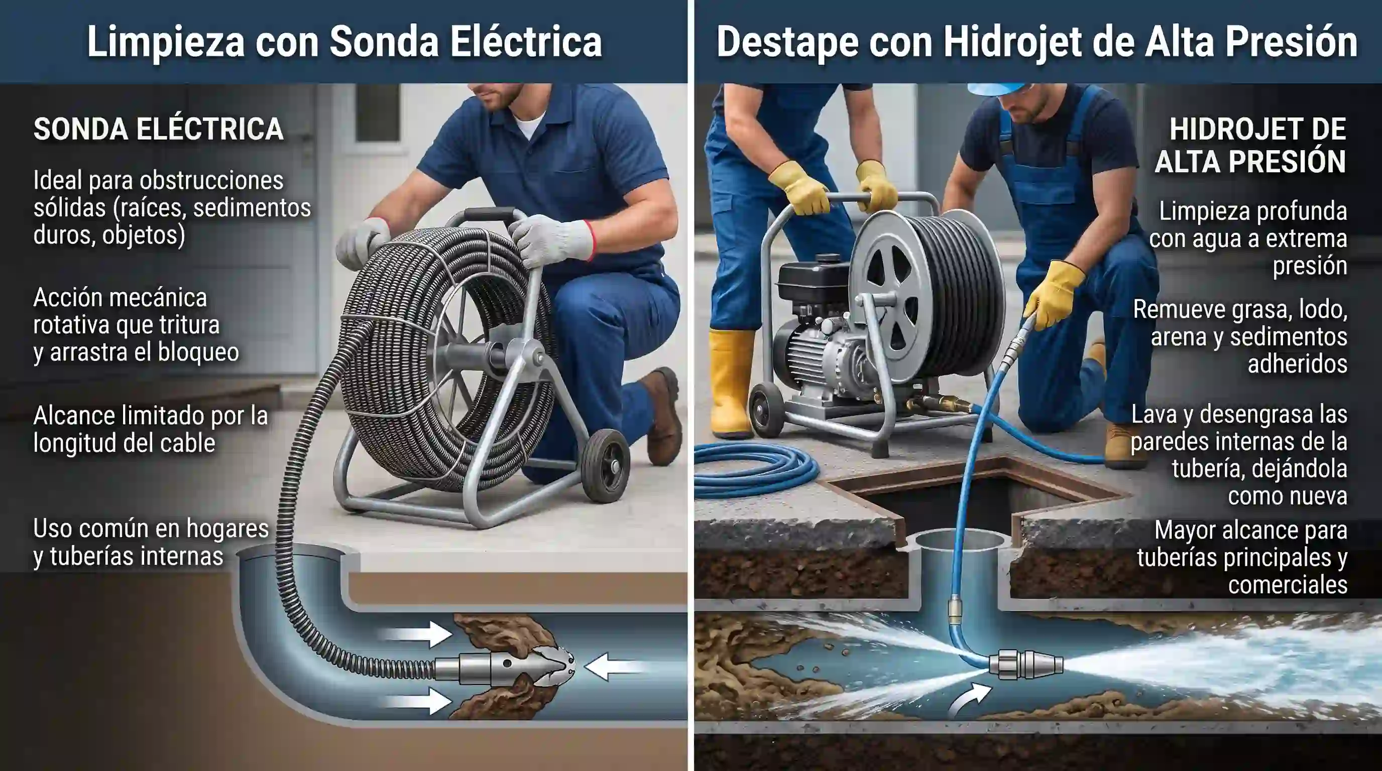 El hidrolavado a presión limpia el 100% de la pared interna del ducto, superando el paso parcial de las sondas mecánicas Comparación técnica entre limpieza con sonda eléctrica y destape con hidrojet de alta presión en cañerías