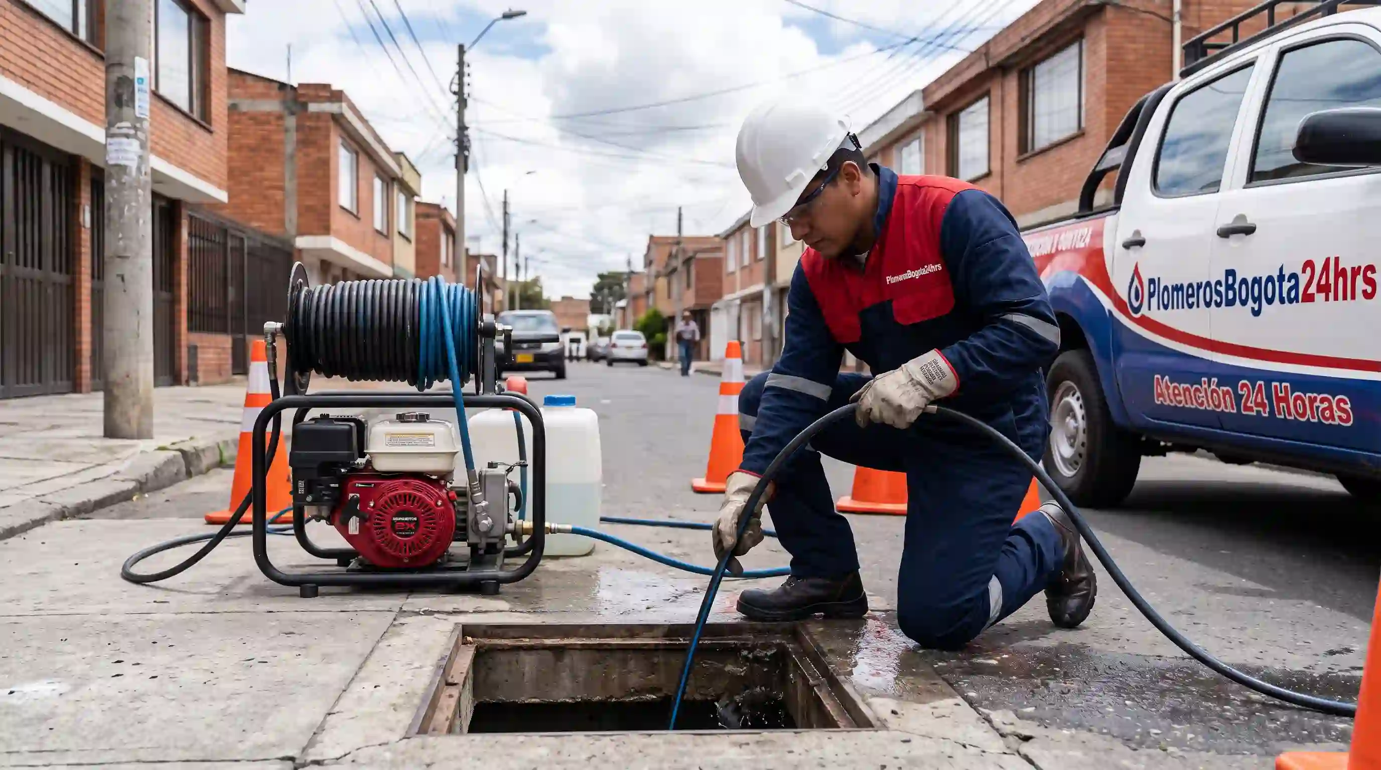 Equipo móvil de hidrolavado a alta presión operando en Bogotá para destape técnico inmediato Técnico de PlomerosBogota24hrs realizando destape con hidrojet en Bogotá en tubería principal sin romper el suelo