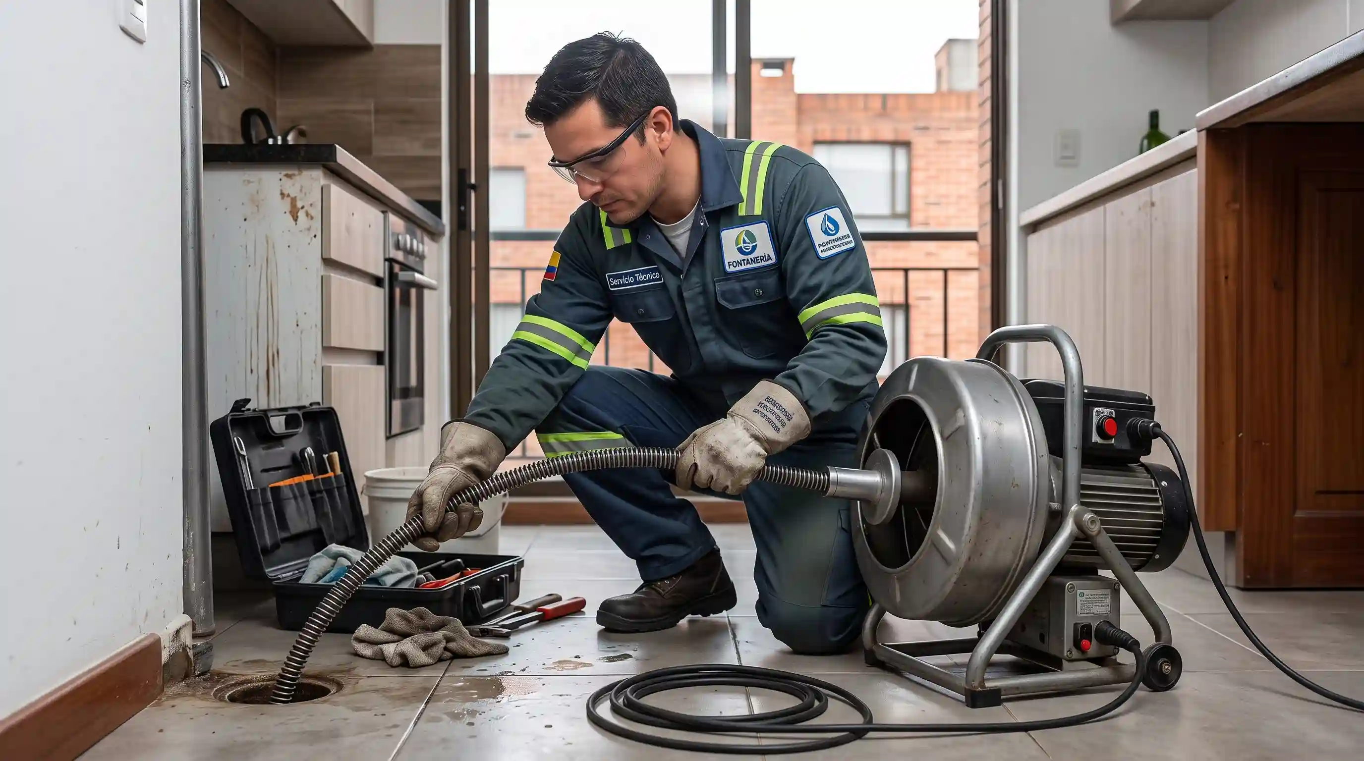 Fontanero operando sonda eléctrica industrial para destape de cañerías en Chapinero