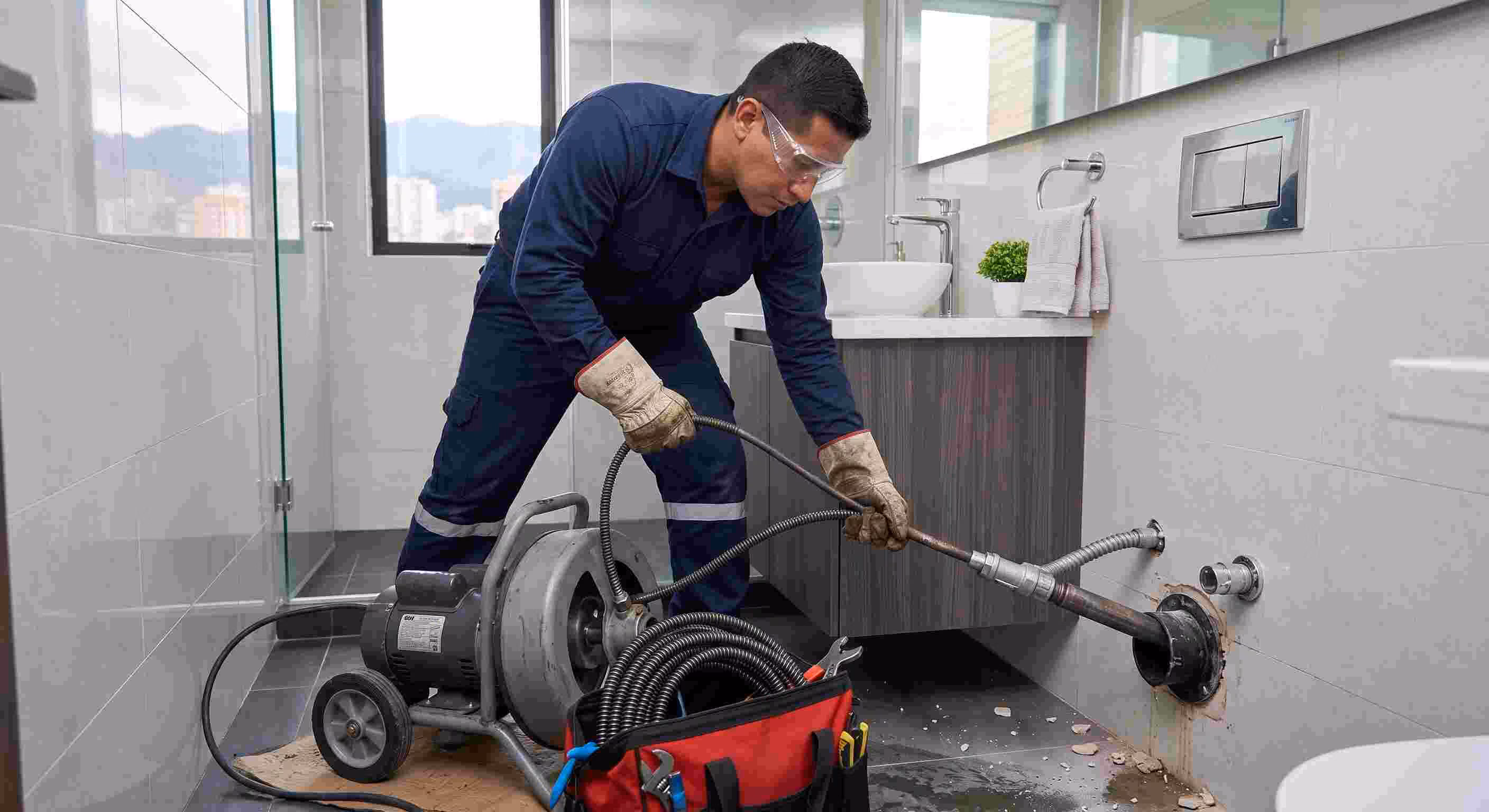 Desmonte de sanitario y sondeo con sonda eléctrica de varios metros en Bogotá