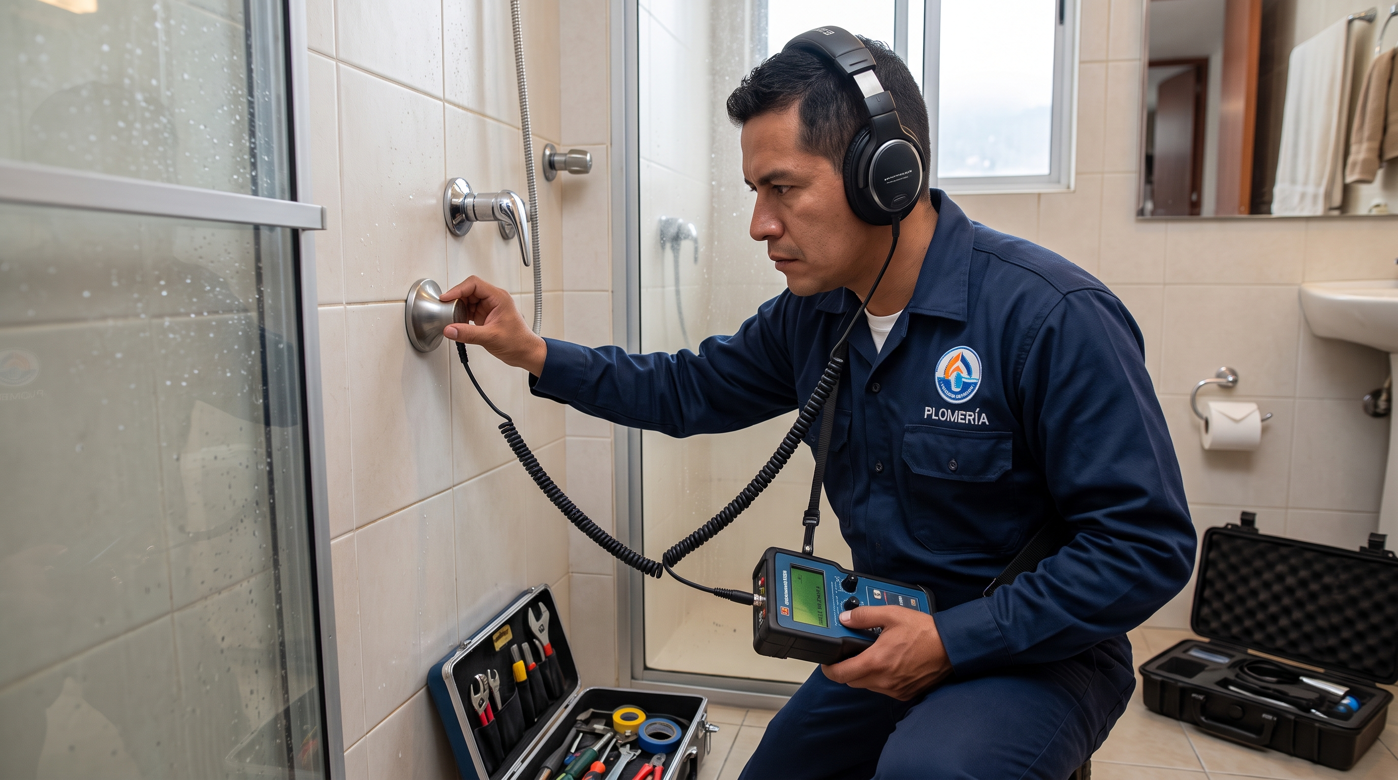 Detección acústica de fugas empotradas con geófono en duchas de Bogotá Técnico de plomería utilizando geófono para detectar fugas en ducha sin romper azulejos en Bogotá