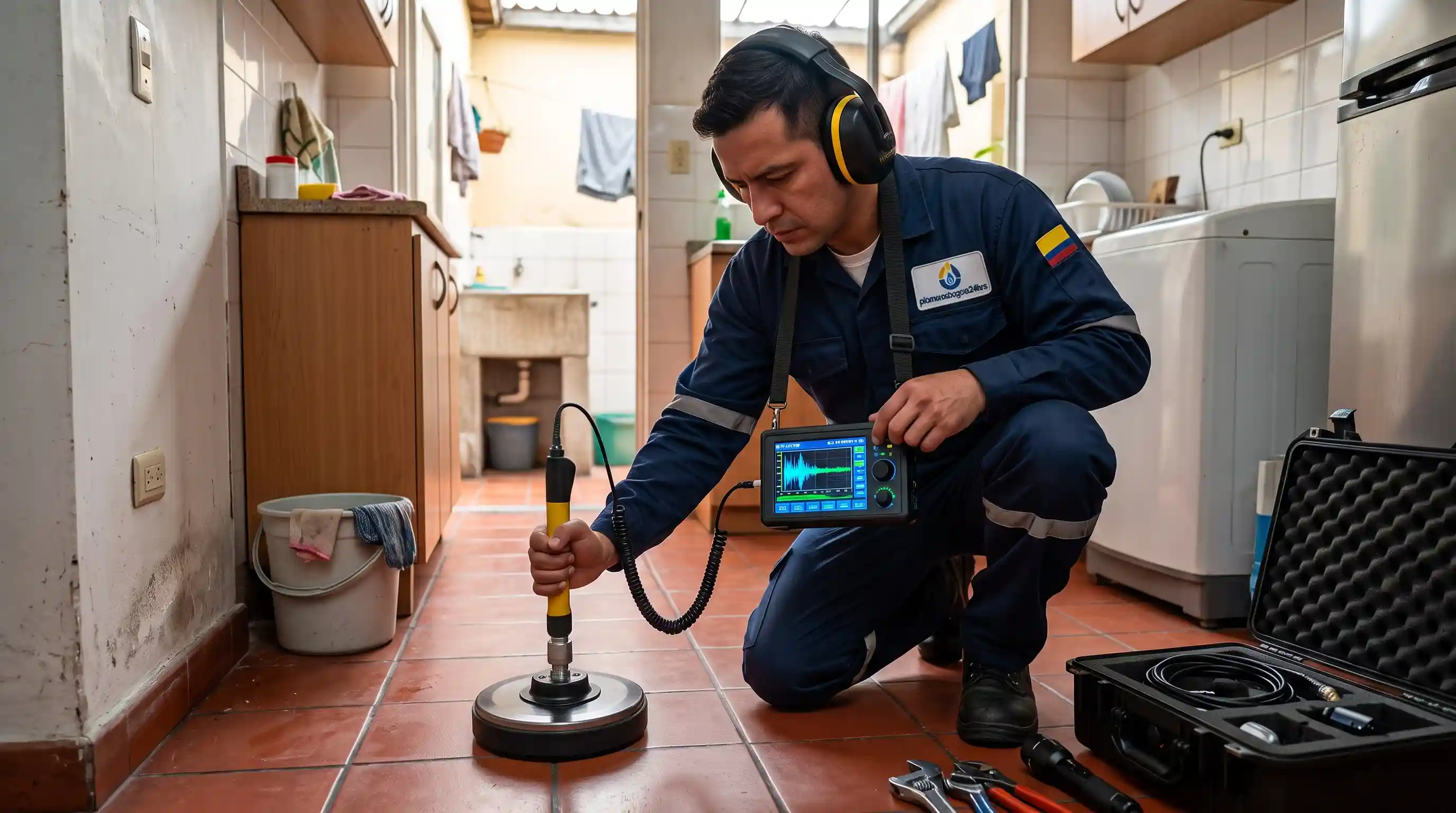 Inspección no destructiva de tuberías con geófono digital en la localidad de Barrios Unidos Operario utilizando geófono ultrasónico digital para detección de fugas no visibles en tubería de vivienda en Bogotá