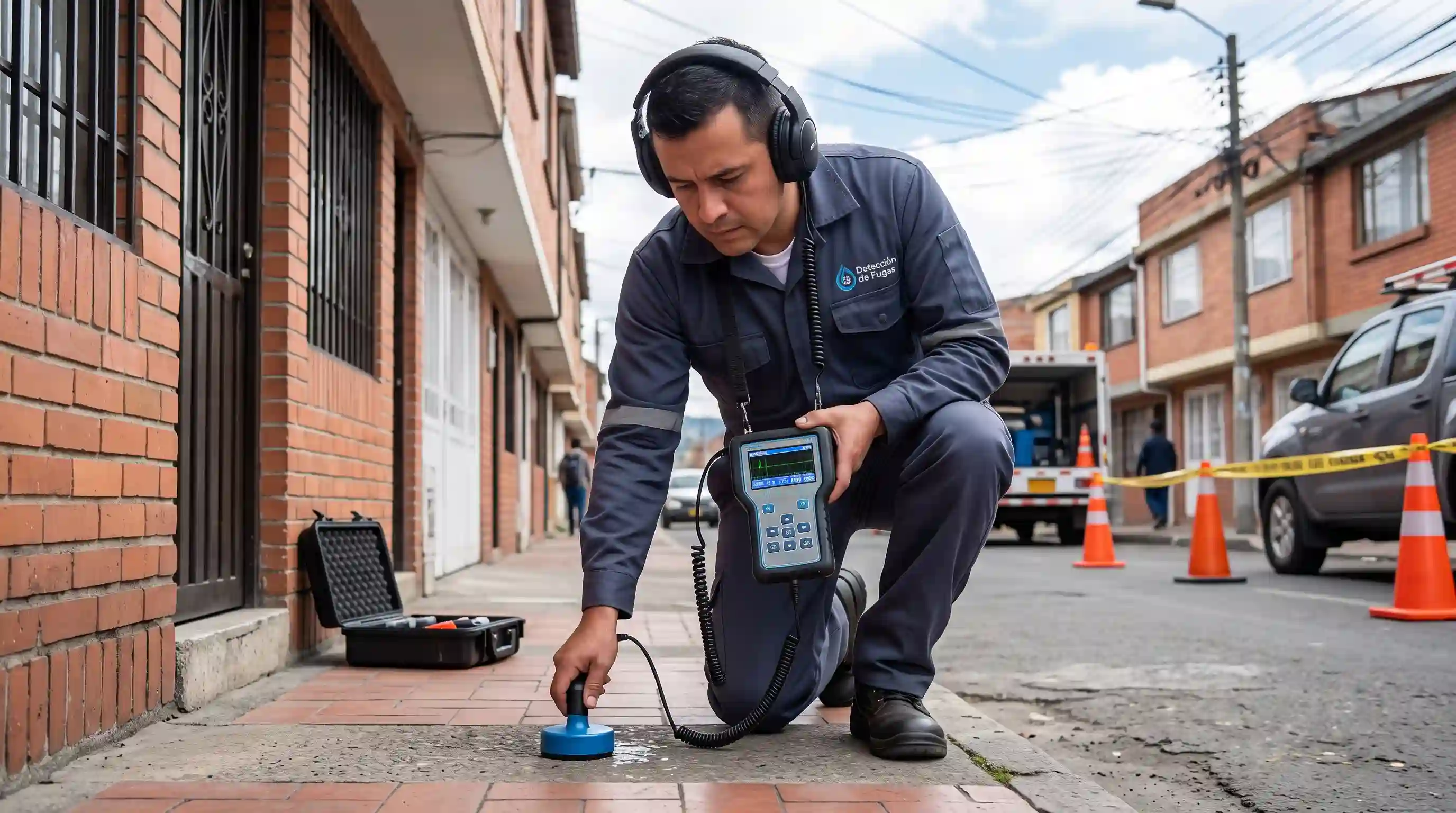 Técnico utilizando geófono digital para detección de fugas en Fontibón Bogotá