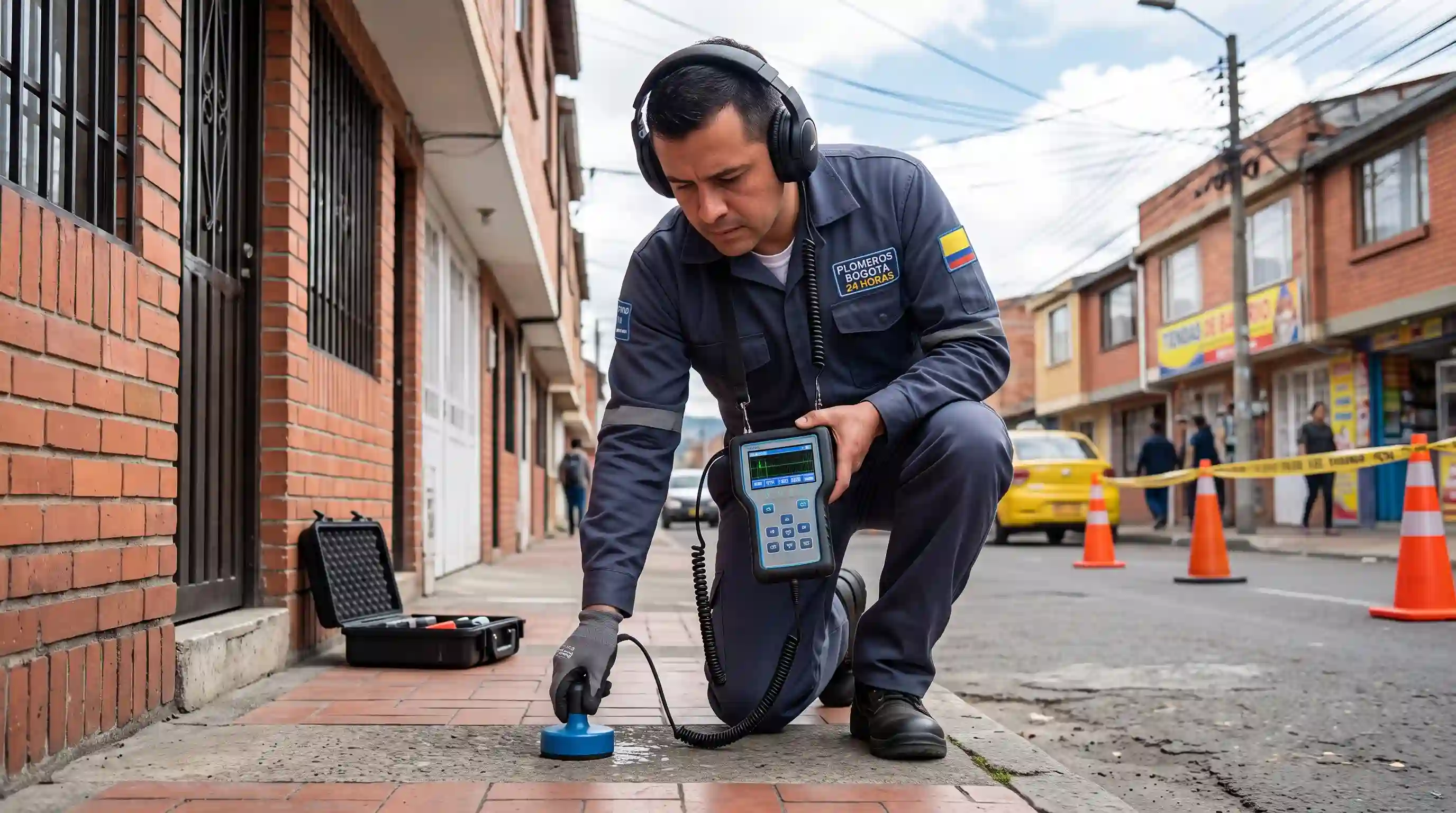 Técnico de Plomeros Bogotá 24 Horas utilizando geófono para detección de fugas en Kennedy