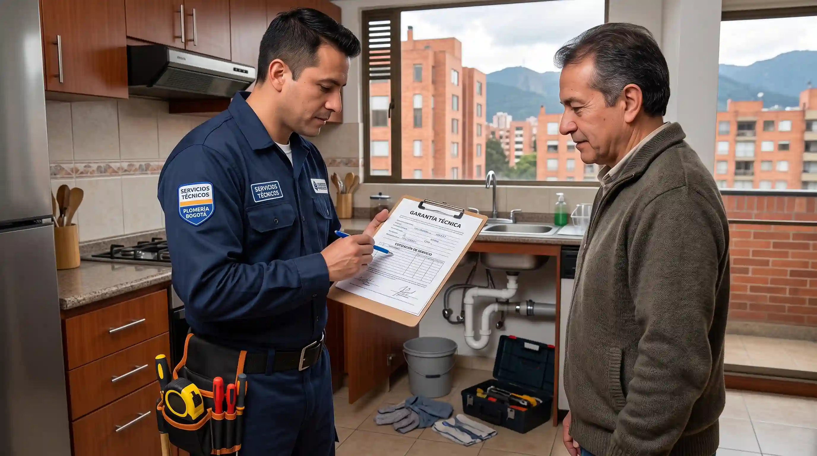 Técnico entregando comprobante de garantía técnica y cotización por servicio de plomería en Bogotá