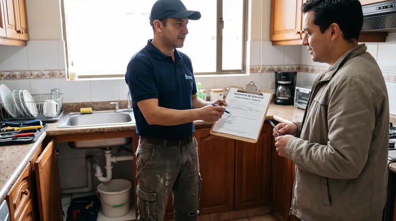 Garantía escrita entregada al cliente tras reparación de lavaplatos Entrega de certificado de garantía por escrito tras reparación de plomería de lavaplatos en Bogotá