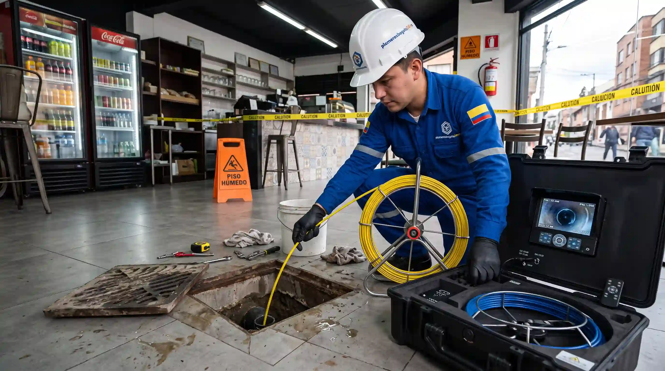Diagnóstico por video en redes hidrosanitarias para prevenir daños mayores en inmuebles comerciales y residenciales Cámara de inspección endoscópica CCTV revisando el interior de una red sanitaria en local comercial de Bogotá