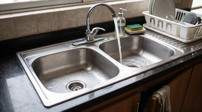 Resultado final: lavaplatos reparado y funcionando en cocina bogotana Lavaplatos de acero inoxidable con grifería funcionando correctamente tras reparación en Bogotá