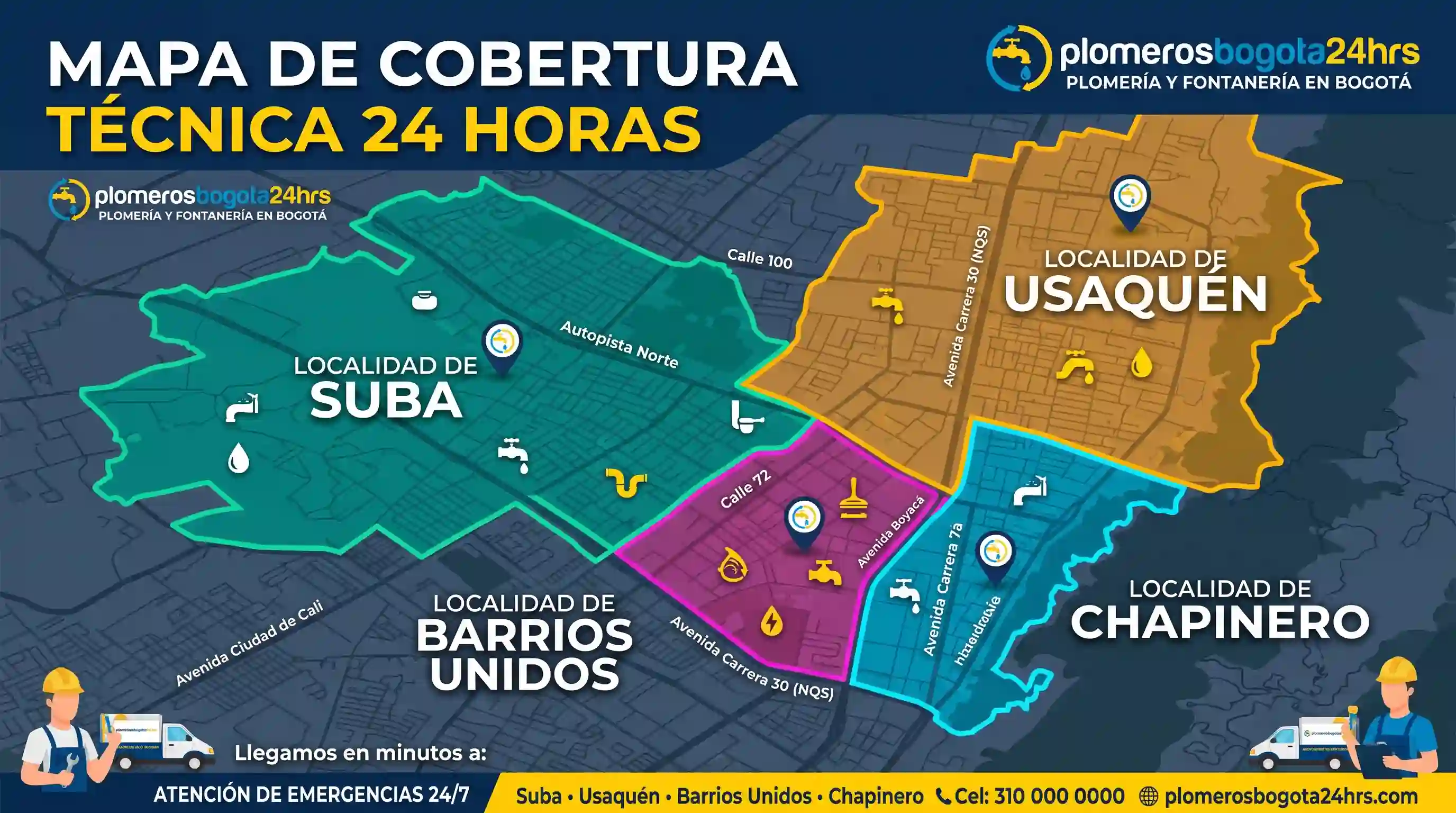 Cobertura inmediata de plomeros certificados en la Localidad 12 y enlaces rápidos con Suba, Chapinero y Usaquén Mapa de cobertura técnica para fontanería y plomería en Barrios Unidos, Chapinero, Suba y Usaquén Bogotá