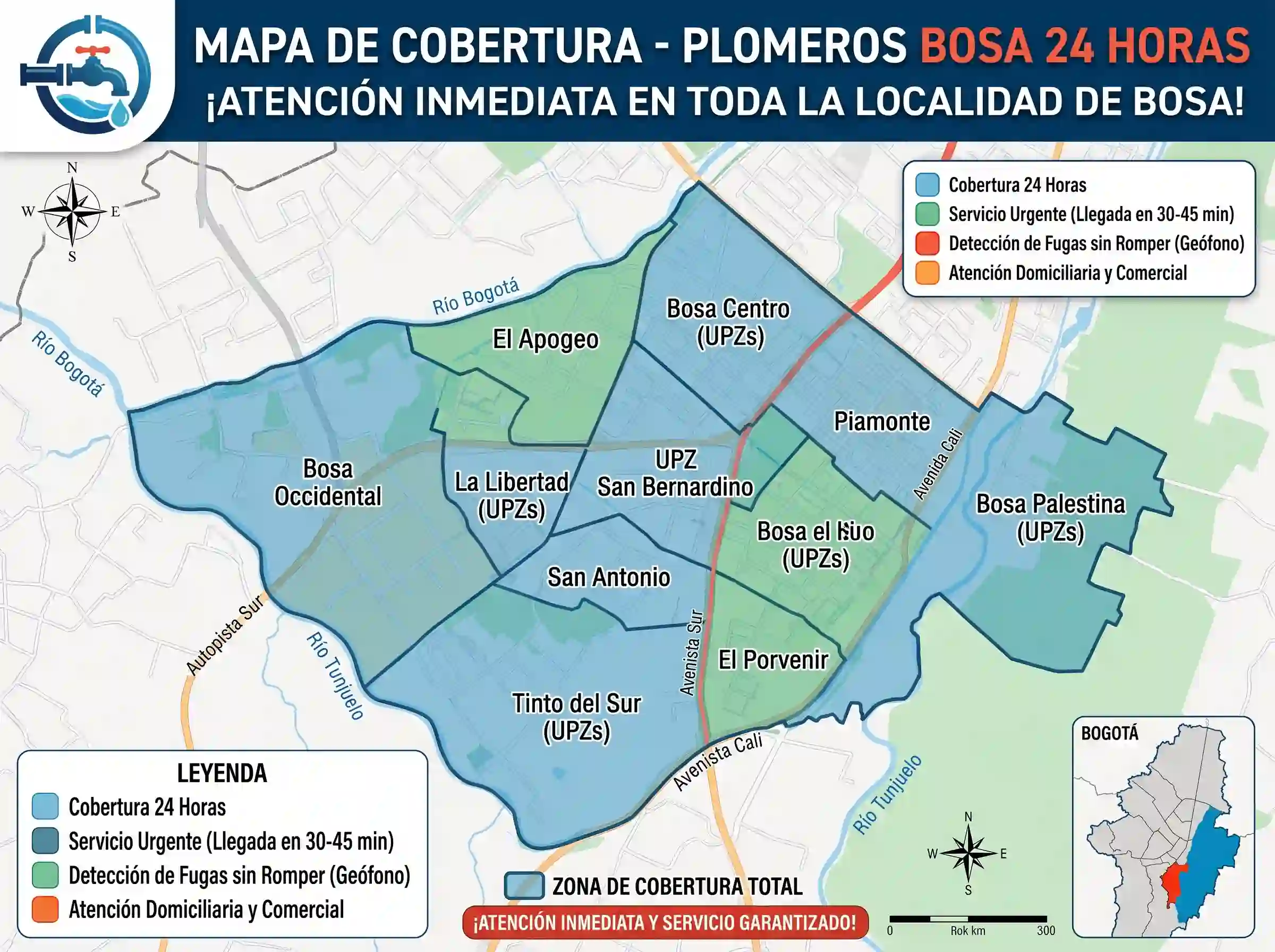 Cobertura técnica inmediata de plomeros certificados en la Localidad 7 de Bogotá Mapa de cobertura técnica del servicio de plomería 24 horas en Bosa, Bogotá