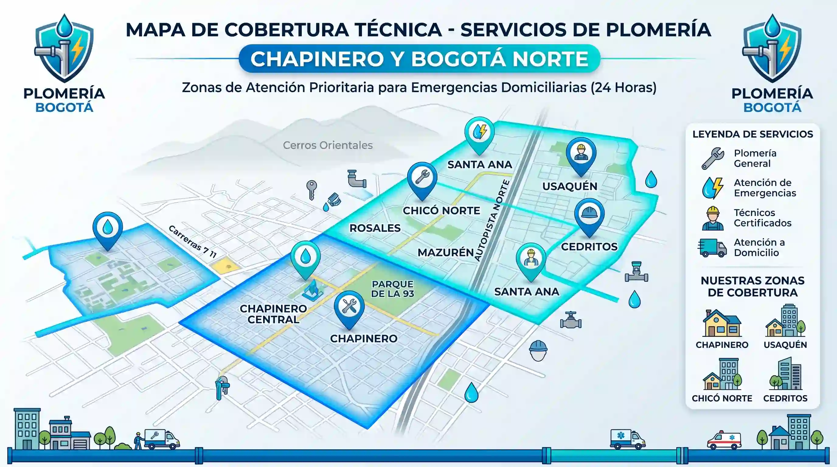 Mapa de cobertura técnica para atención de plomeros en Chapinero y norte de Bogotá