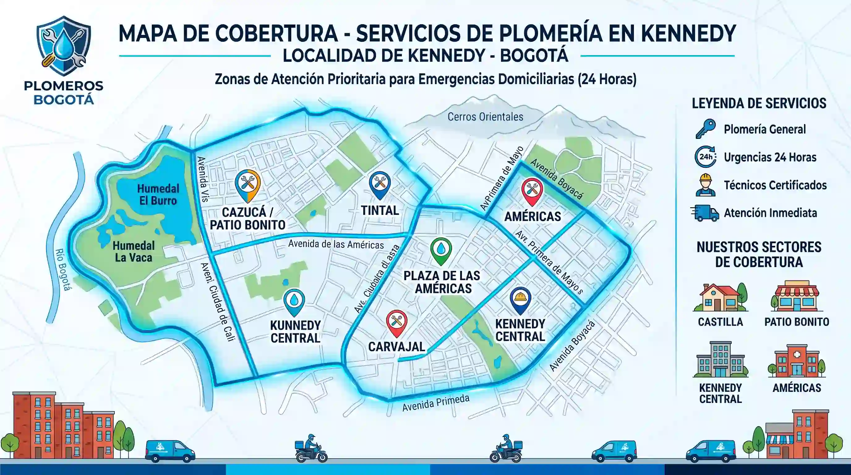 Mapa del área de cobertura de servicios de plomería en Kennedy Bogotá