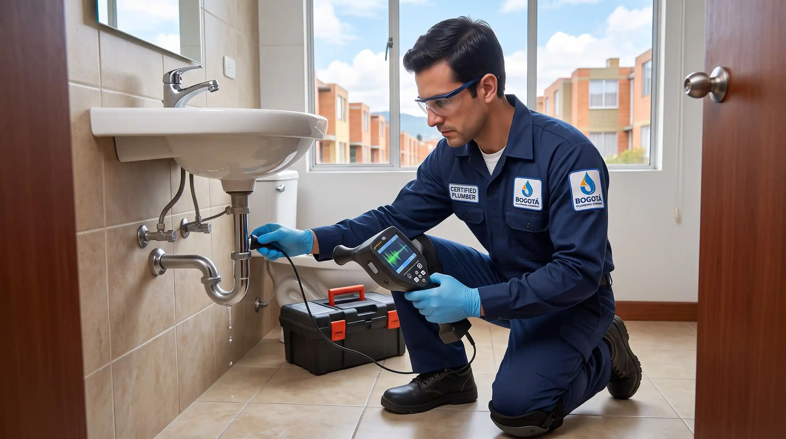 Inspección no destructiva de tuberías en Engativá mediante instrumentación acústica de precisión Técnico plomero en Engativá utilizando equipo de ultrasonido para detectar fugas de agua
