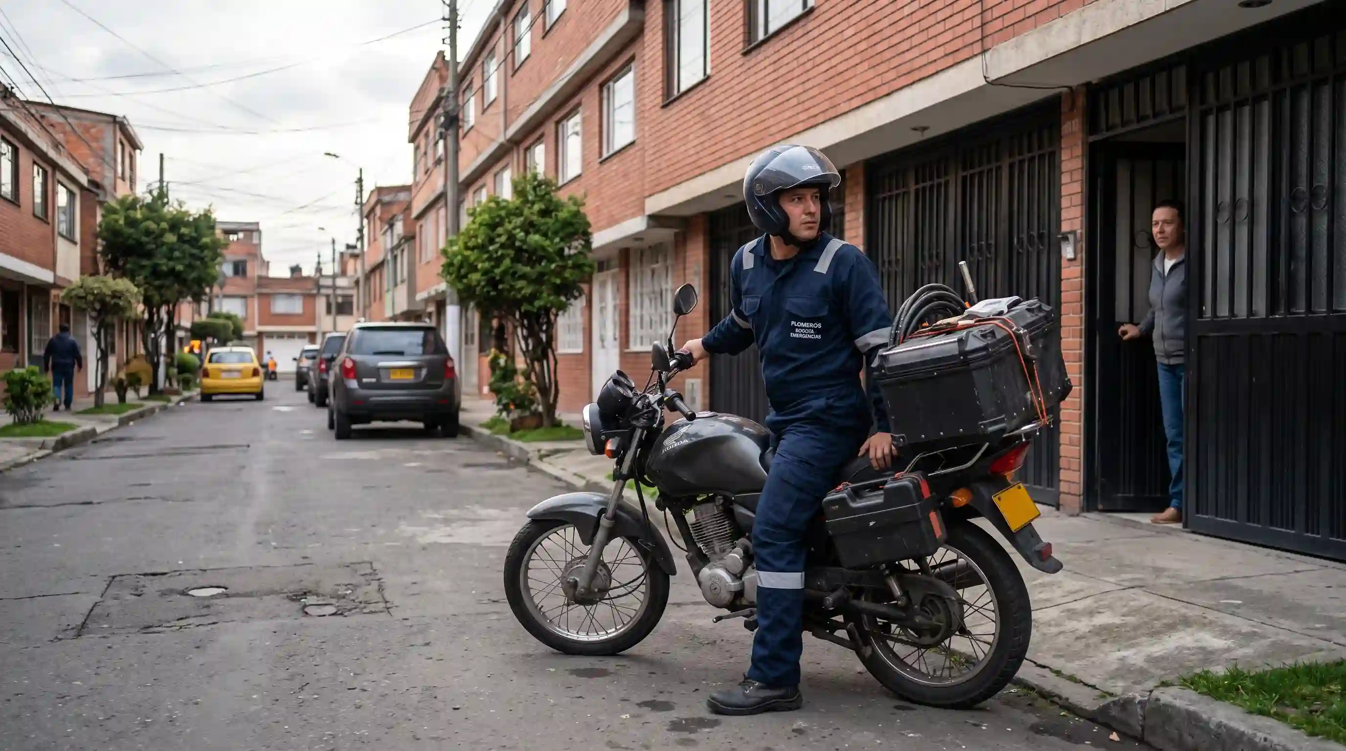 Plomero de emergencia llegando en motocicleta a un domicilio en el barrio Castilla Kennedy
