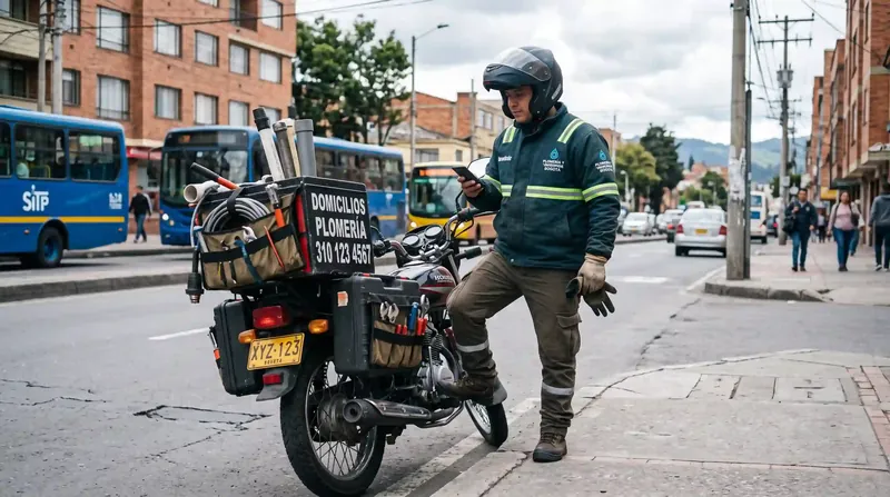 Cuadrilla motorizada 24/7 para reparación de lavaplatos en Bogotá Plomero motorizado equipado con herramientas de fontanería para atención rápida de lavaplatos en Bogotá