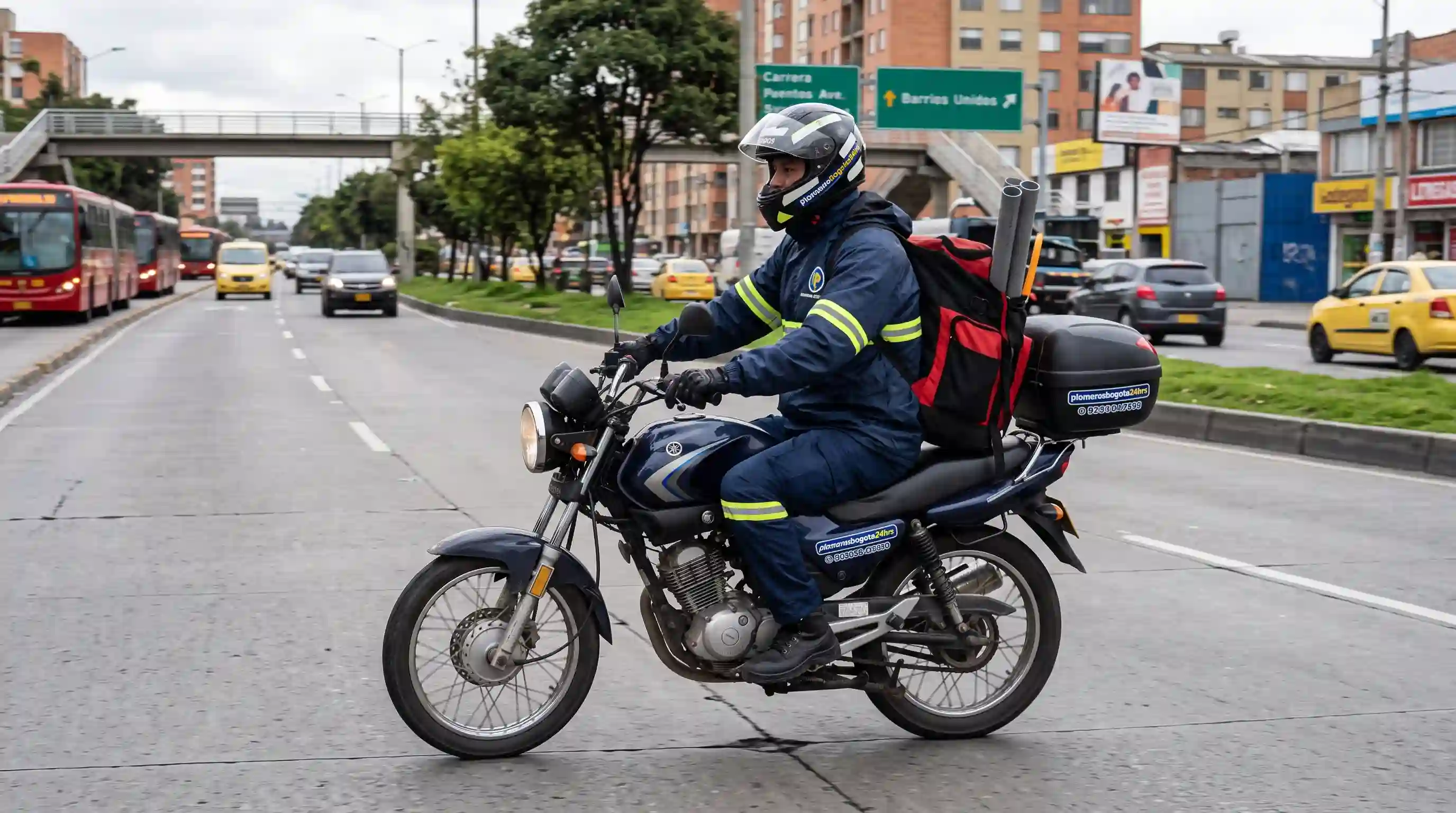 Cobertura técnica motorizada para atención de emergencias nocturnas y diurnas en Bogotá Técnico motorizado de plomerosbogota24hrs desplazándose por la carrera 30 hacia el sector de Barrios Unidos