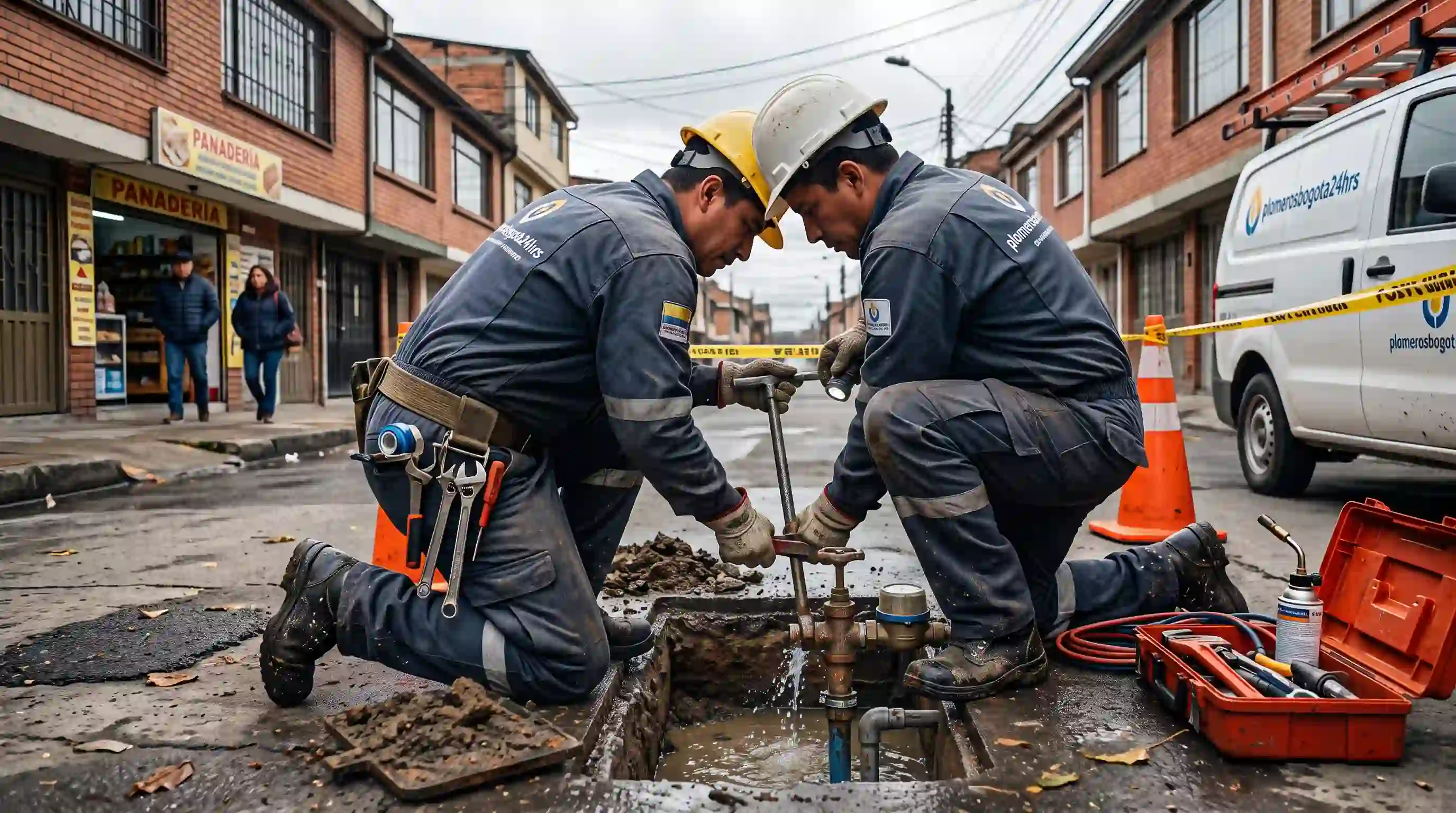 Servicio de plomería motorizado de respuesta inmediata disponible las 24 horas en Barrios Unidos, Bogotá Técnico de plomerosbogota24hrs equipado con herramientas y uniforme atendiendo emergencia en Barrios Unidos Bogotá