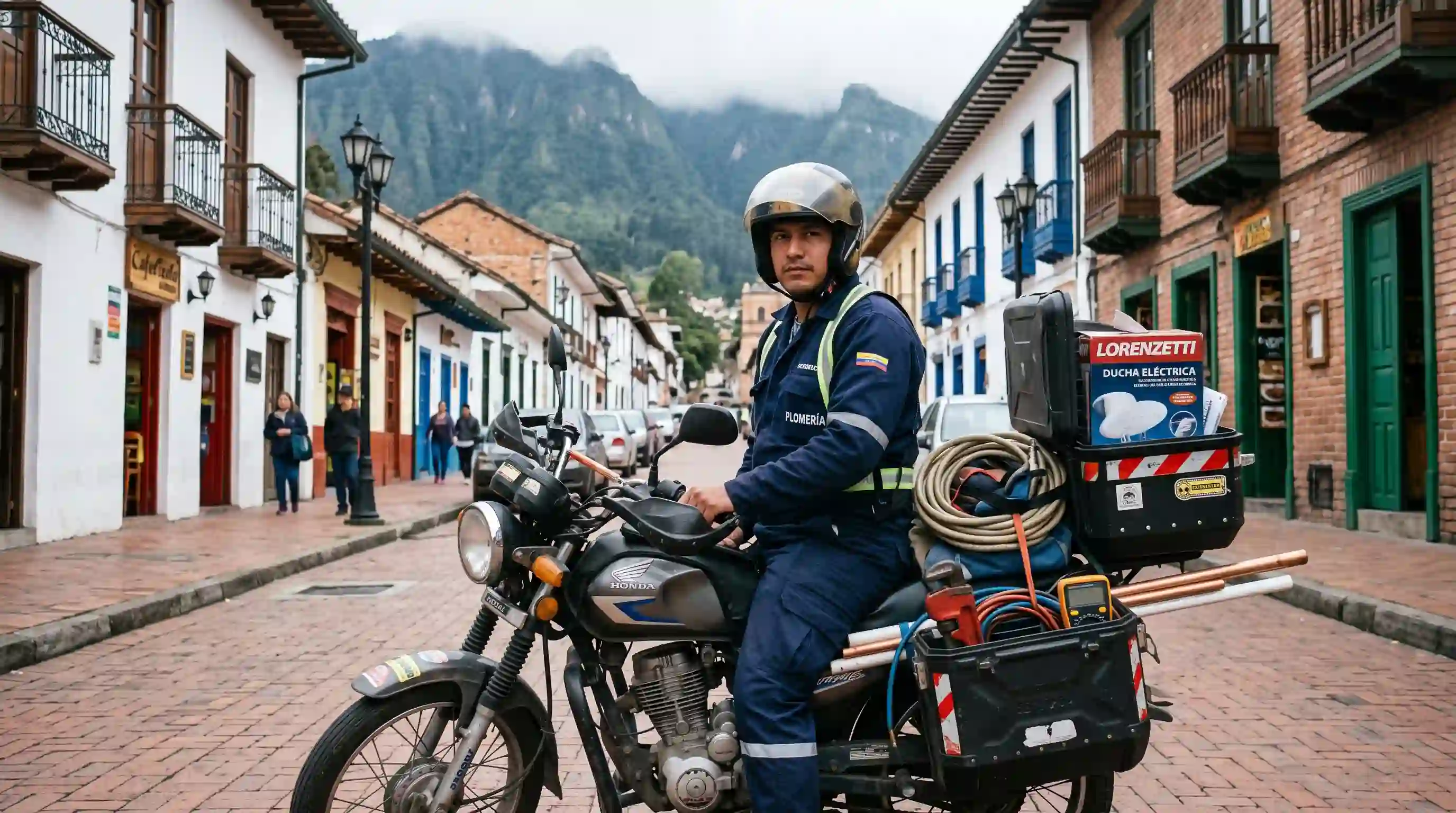 Técnicos motorizados en Usaquén con inventario completo de repuestos Plomero motorizado equipado para reparación urgente de duchas en la localidad de Usaquén Bogotá