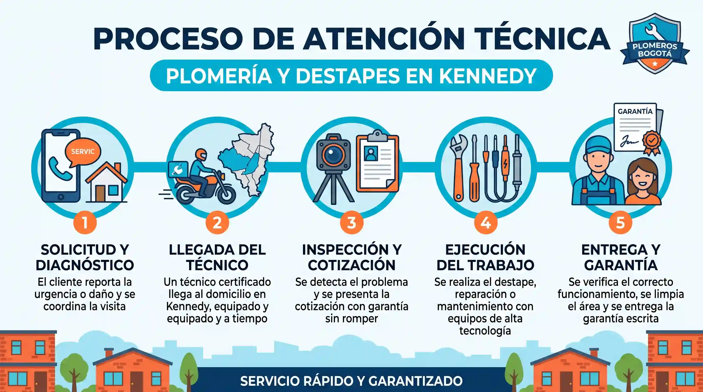 Infografía del proceso de atención técnica para destapes y plomería en Kennedy