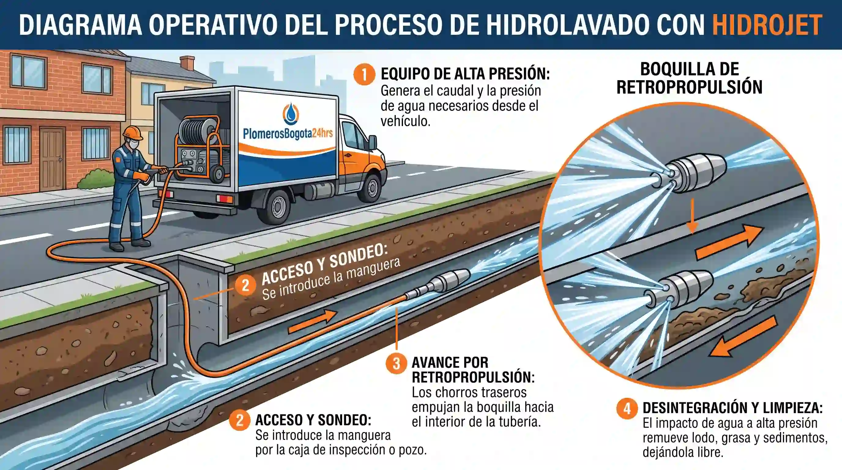 Cuatro fases estandarizadas para asegurar la limpieza profunda de bajantes y redes matrices Diagrama operativo del proceso de hidrolavado de tuberías con boquilla de retropropulsión hidrojet en Bogotá