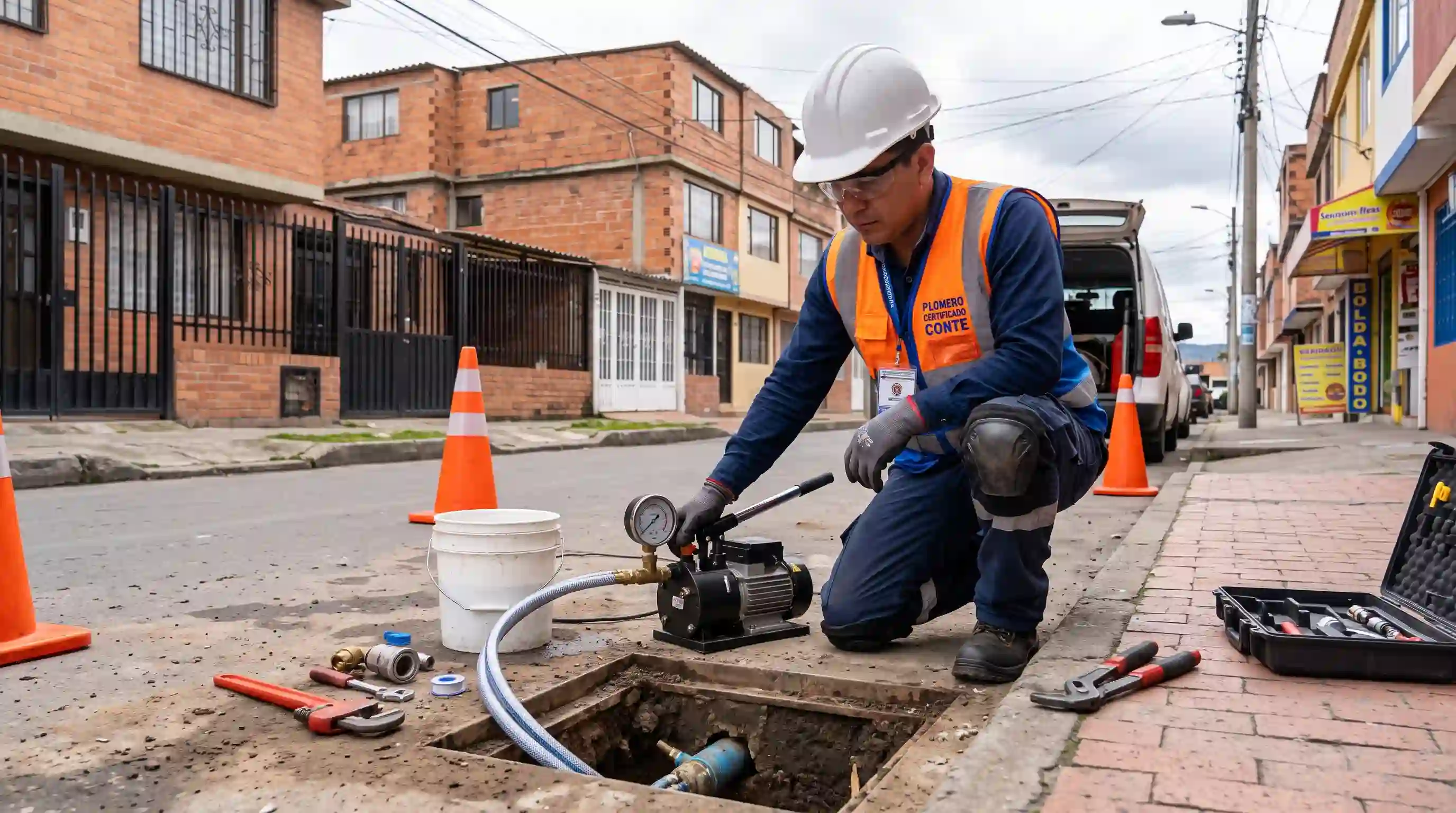 Verificación técnica de presión tras completar la reparación de fontanería en Bosa Plomero certificado realizando mantenimiento y prueba hidrostática a tuberías en Bosa