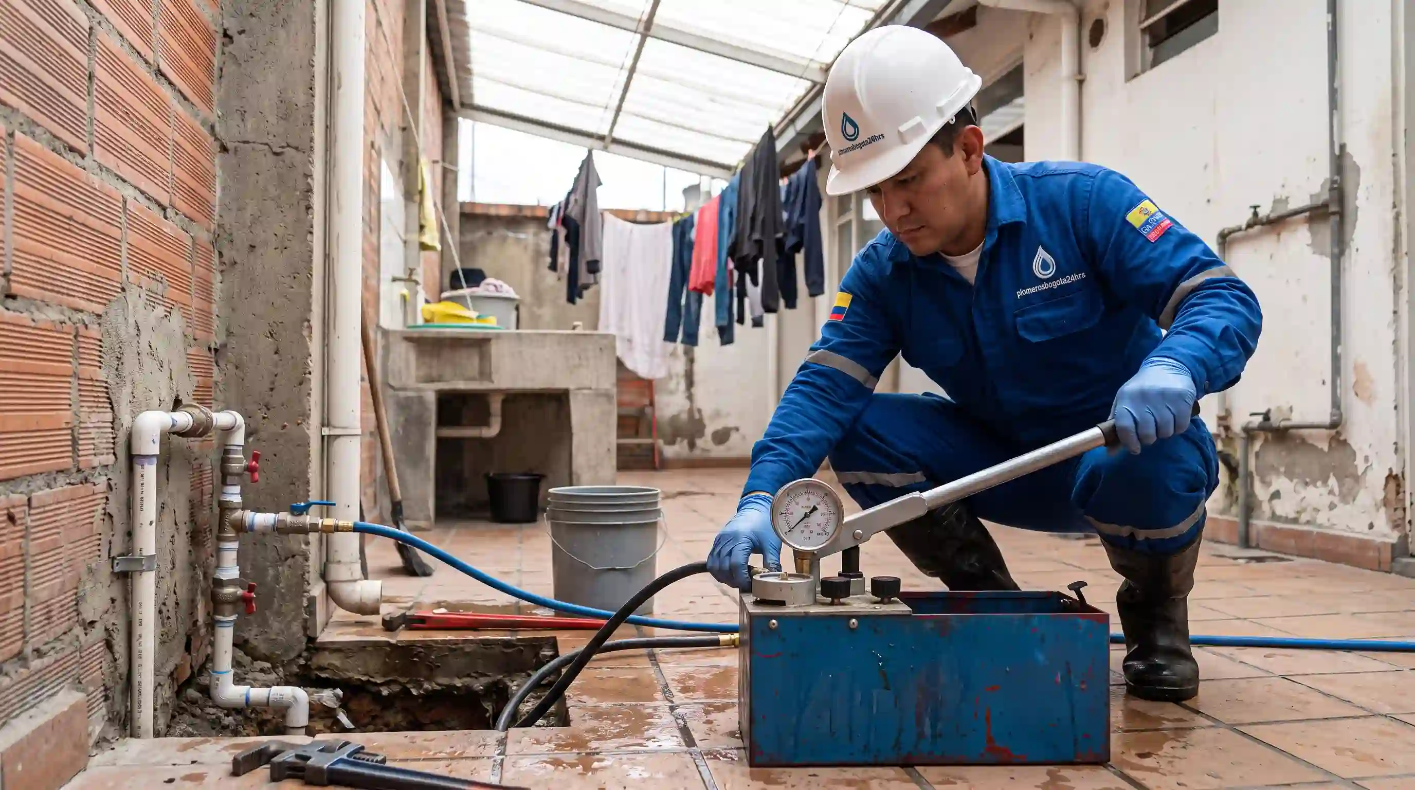 Procedimiento estandarizado de reparación y pruebas de hermeticidad con estándares profesionales Técnico de plomería ejecutando prueba de presión hidrostática tras reparar red de agua potable en Bogotá