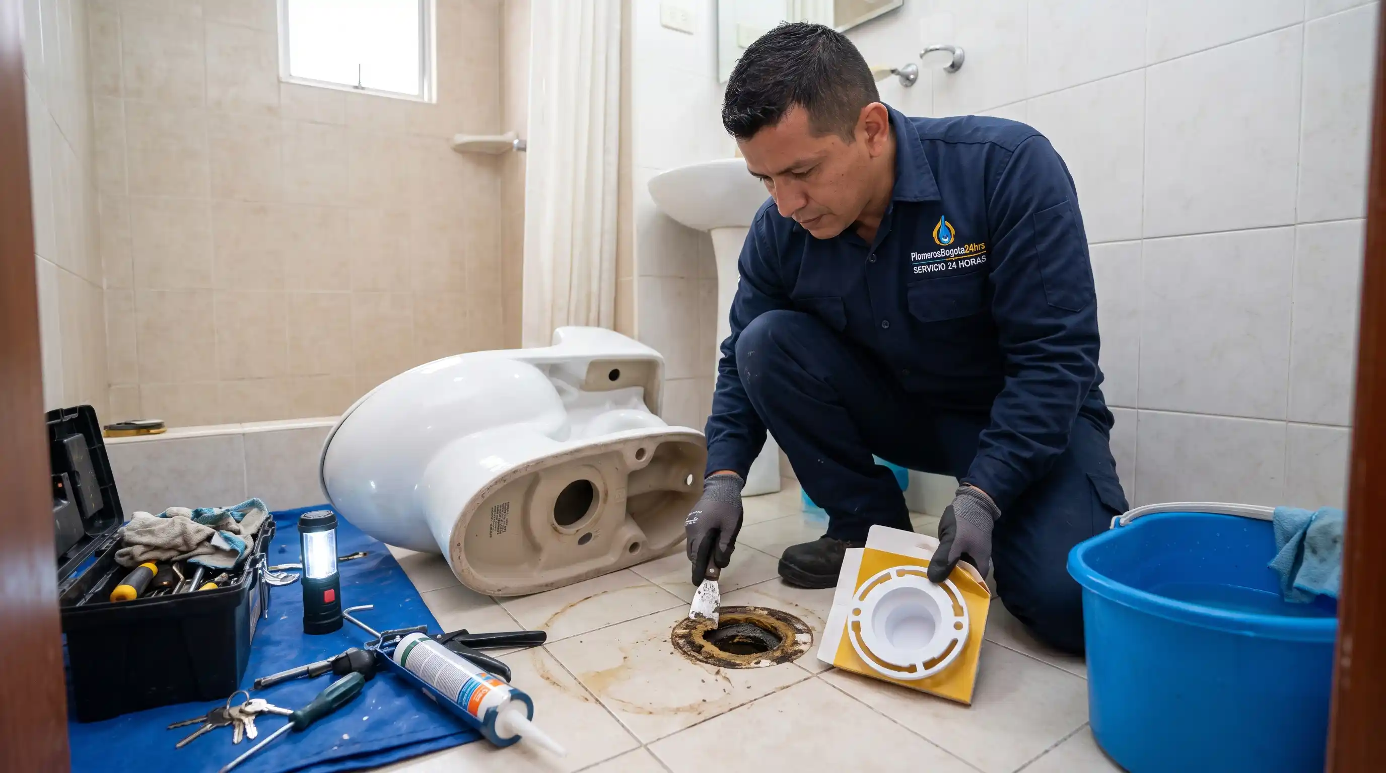 Sellado hermético en base de sanitarios en Bogotá Corrección de filtración en la base de inodoro y cambio de sello de cera en baño de Bogotá