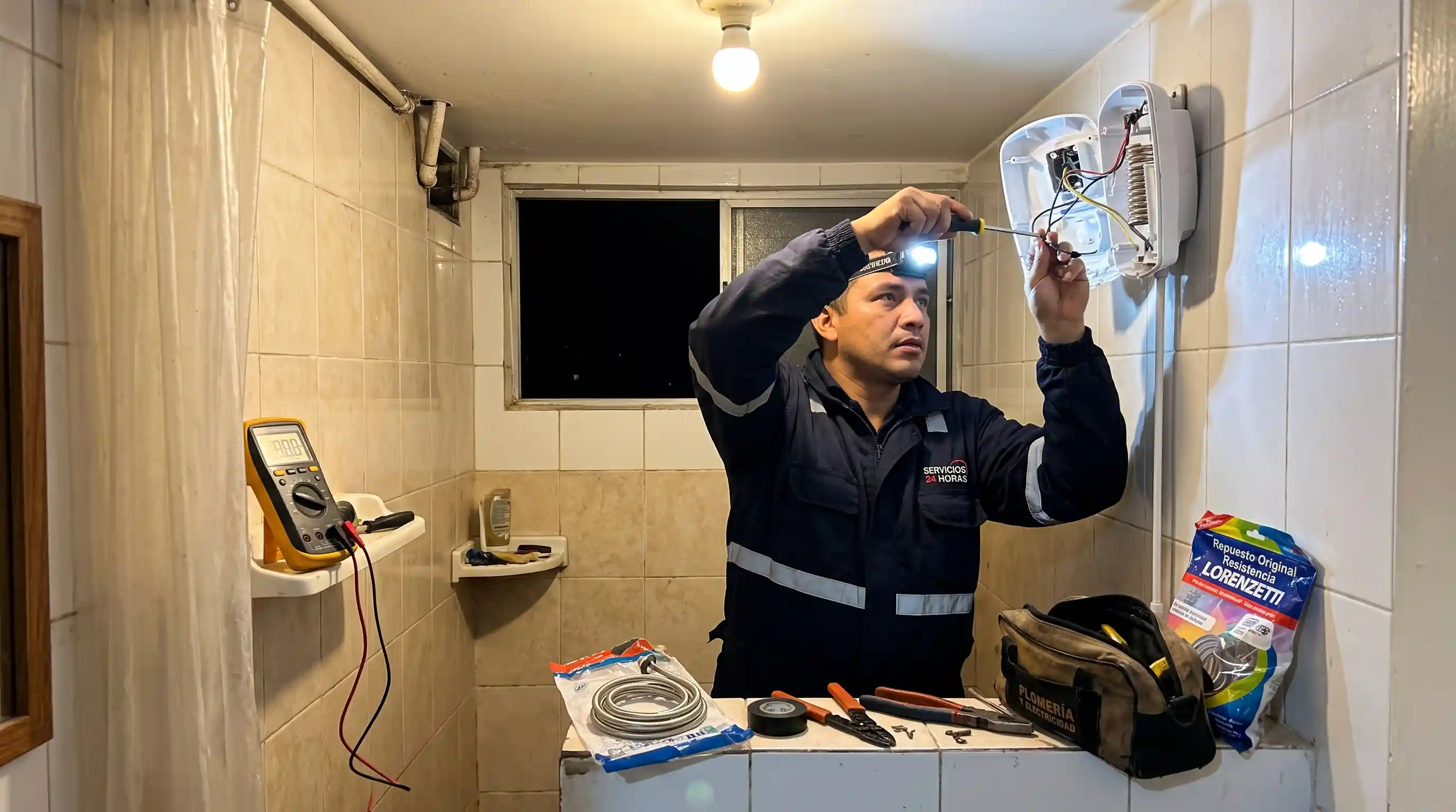 Reparación de Duchas en Bogotá 24 Horas con Técnicos Motorizados Técnico certificado de PlomerosBogota24hrs realizando reparación urgente de duchas eléctricas en Bogotá a domicilio 24 horas