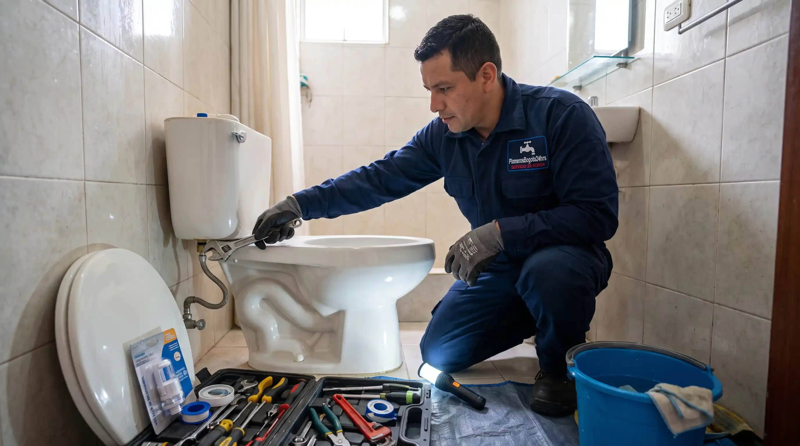 Reparación de Sanitarios en Bogotá 24 Horas con Técnicos Motorizados Técnico de PlomerosBogota24hrs realizando reparación de sanitarios en Bogotá con herramientas especializadas