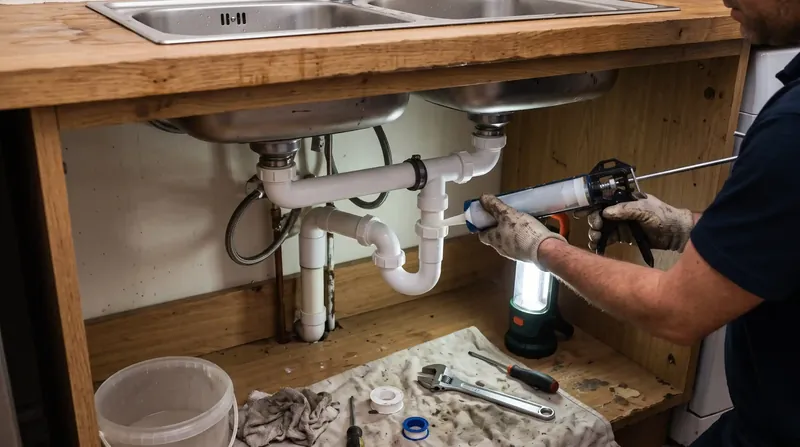 Cambio de sifón y mangueras flexibles en cocinas de Bogotá Reparación de sifón y tubería de lavaplatos bajo mesón de madera con sellado hermético en Bogotá
