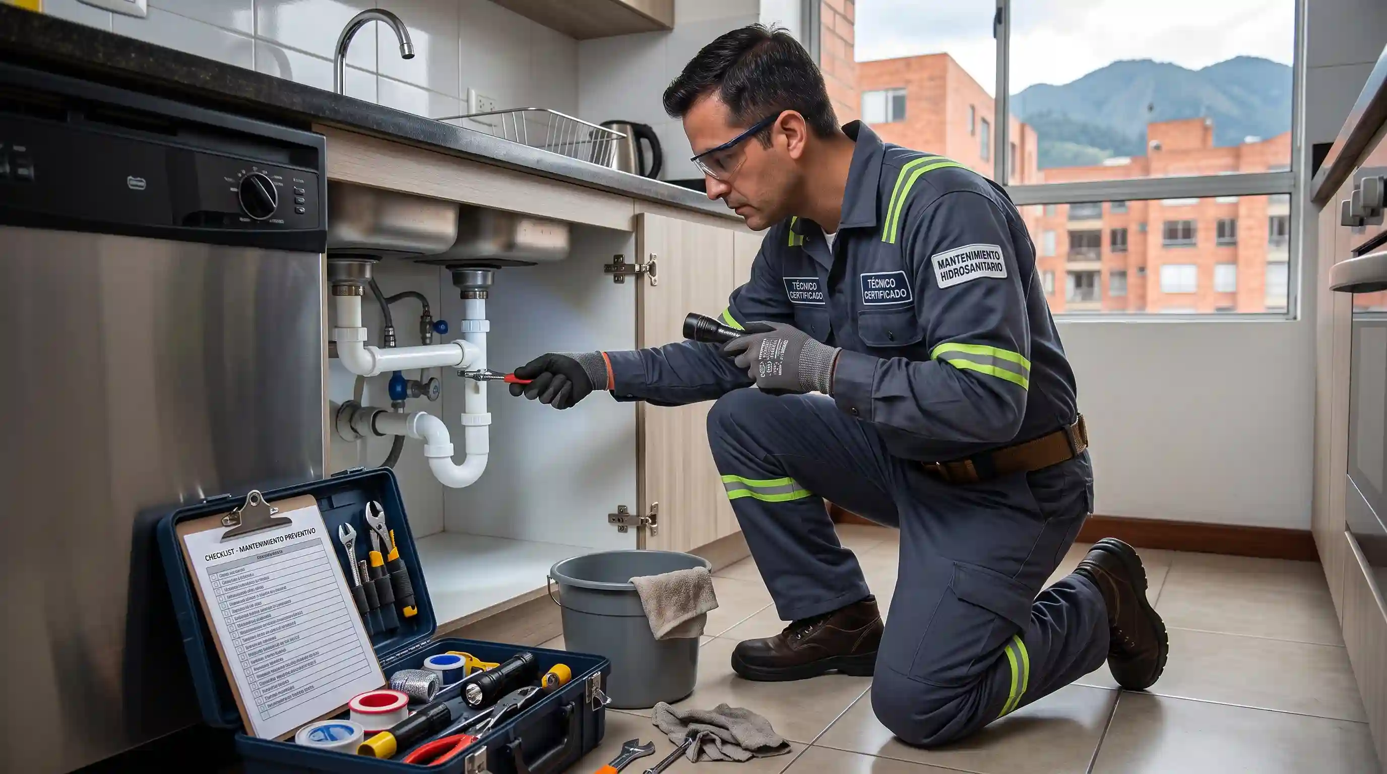 Técnicos certificados por el SENA atendiendo emergencias hidrosanitarias con garantía legal Plomero certificado uniformado realizando mantenimiento preventivo hidrosanitario en Bogotá
