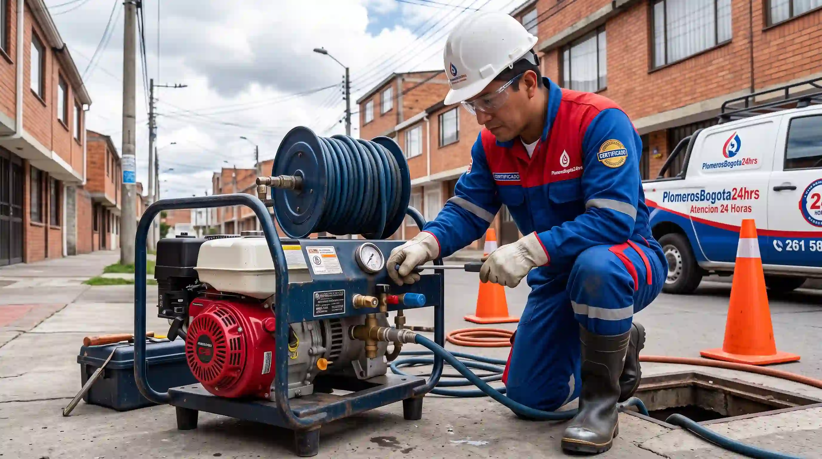 Control de presión milimétrico para garantizar la limpieza total del ducto sin comprometer la estructura de la tubería Plomero certificado calibrando máquina de hidrojet para destape de red hidrosanitaria en Bogotá