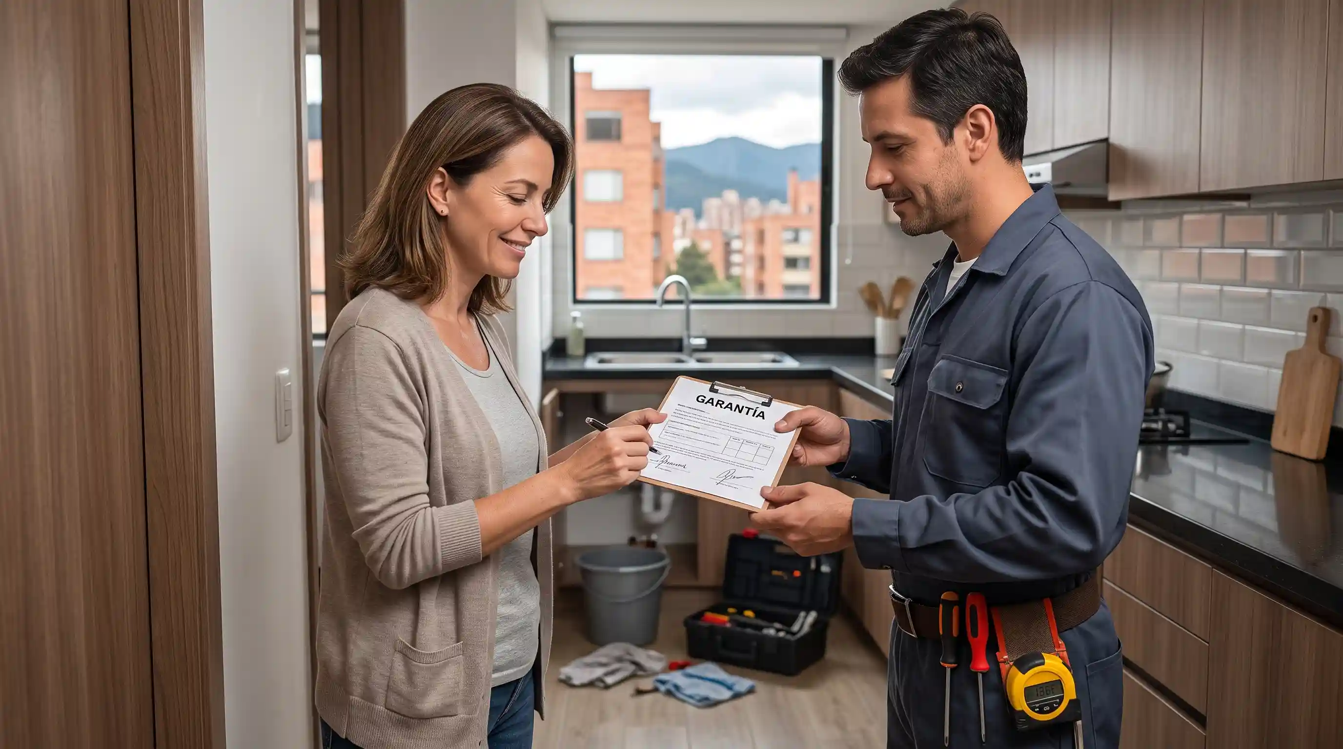 Cliente residencial conforme recibiendo la garantía de reparación de plomería en Bogotá