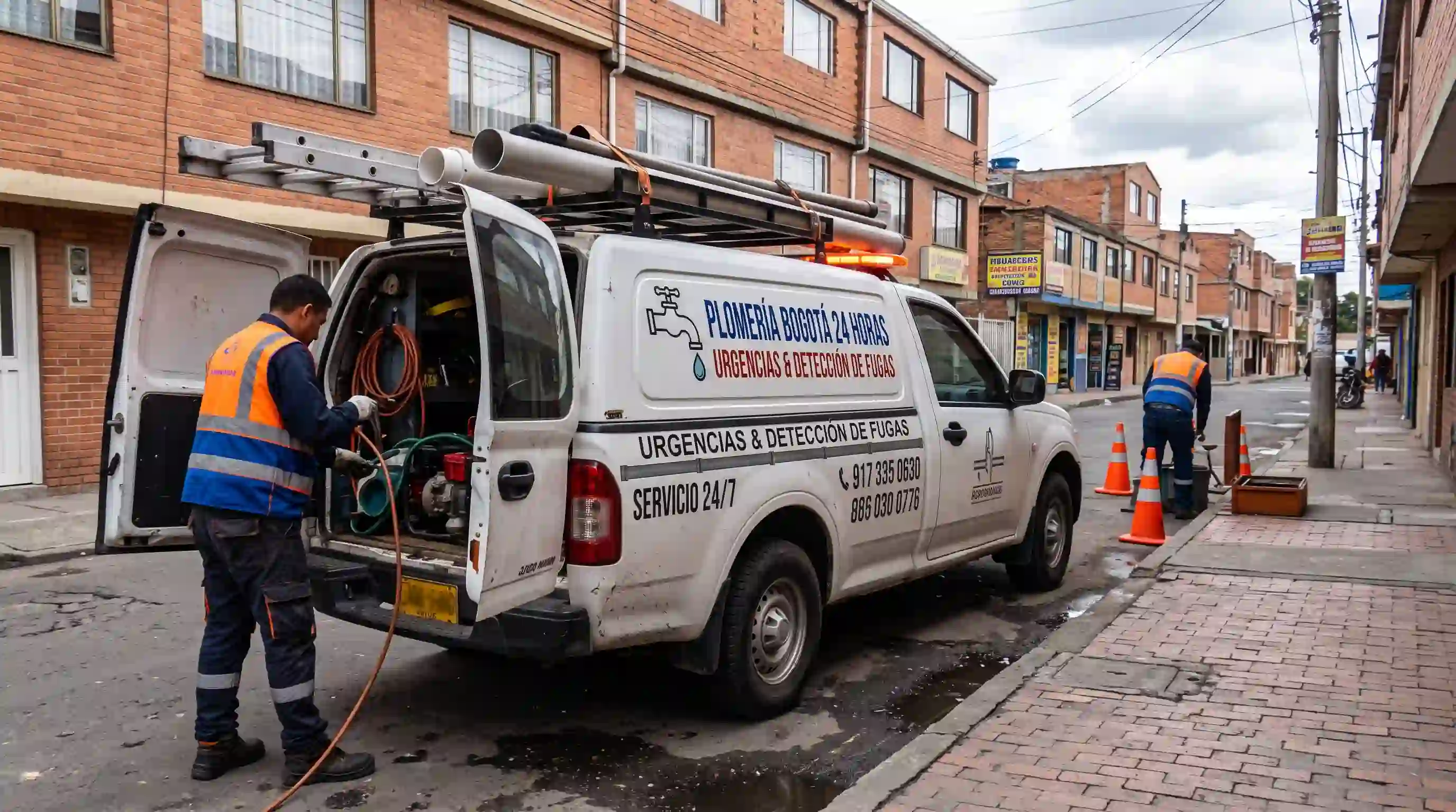 Unidad móvil equipada para atender emergencias de fontanería en Bosa Vehículo de emergencia de plomeros Bogotá 24 hrs atendiendo servicio urgente en Bosa