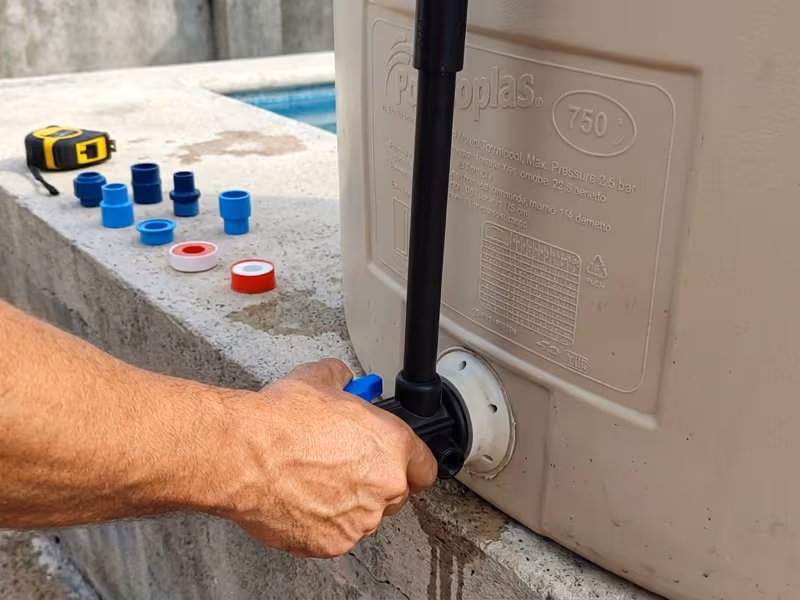 Instalación y conexión técnica para tanques de agua en Bogotá Plomero realizando instalación de tubería PVC en la base de un tanque de almacenamiento de agua Rotoplas
